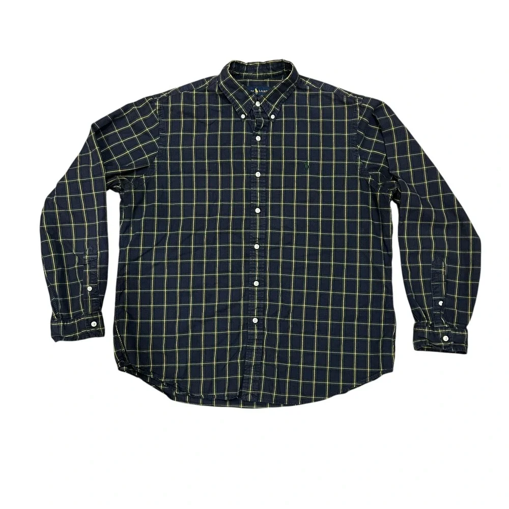 Ralph Lauren Men's Plaid‎ Button Down Shirt XL Cotton Green Yellow Navy Pony